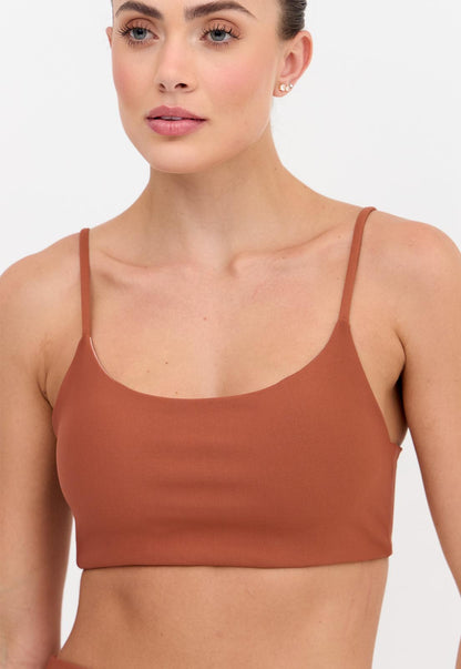 Top faixa dupla face marrom capuccino e estampado com bojo removível Aura