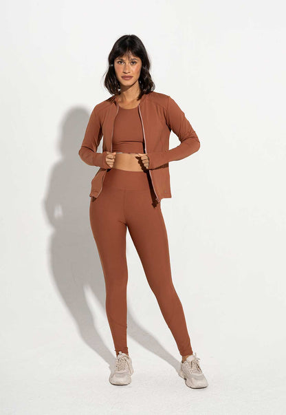 Conjunto Top fechado dupla face+Legging lisa+Jaqueta lisa capuccino Aura