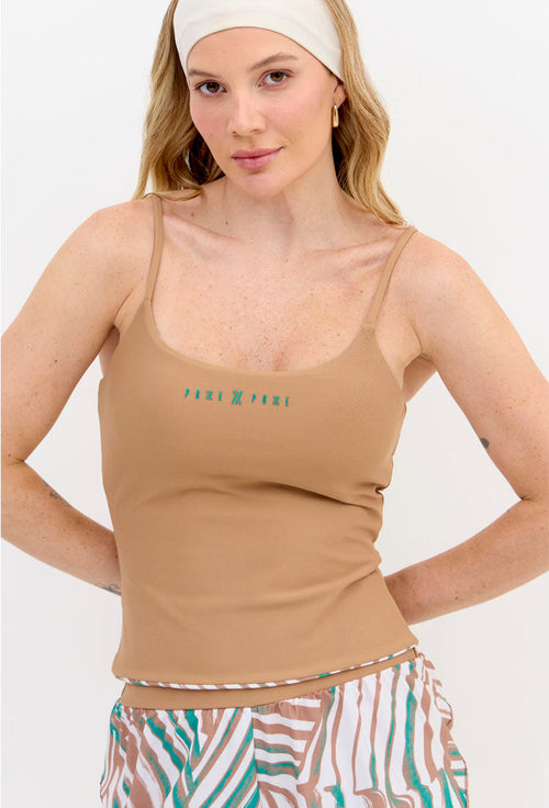 Top longo dupla face de alça liso amêndoa e estampado com bojo removível Lance