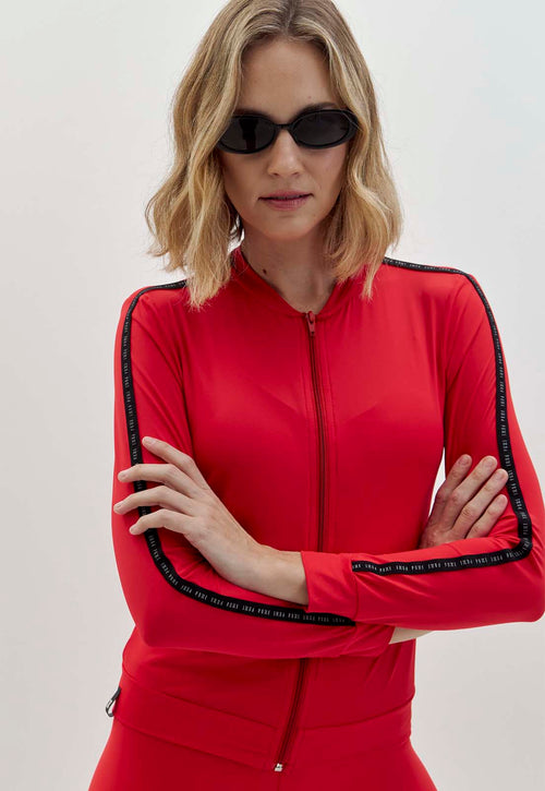 Jaqueta slim de malha vermelho carmim com elástico personalizado Voá