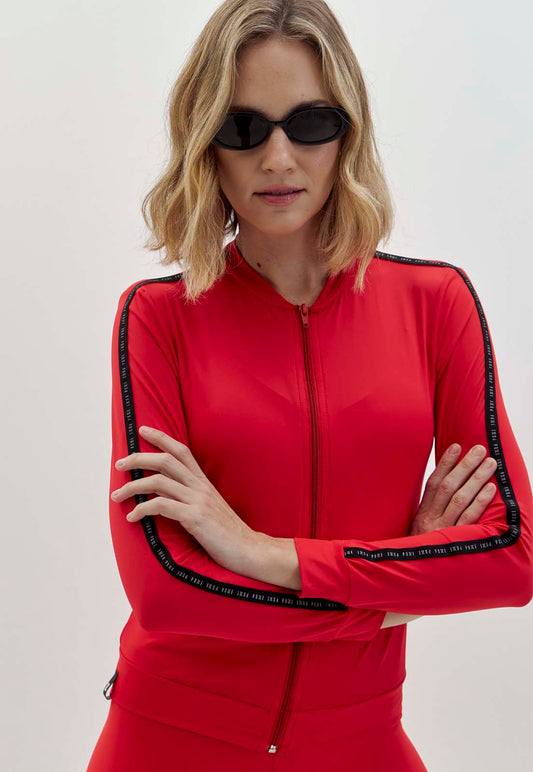 Jaqueta slim de malha vermelho carmim com elástico personalizado Voá