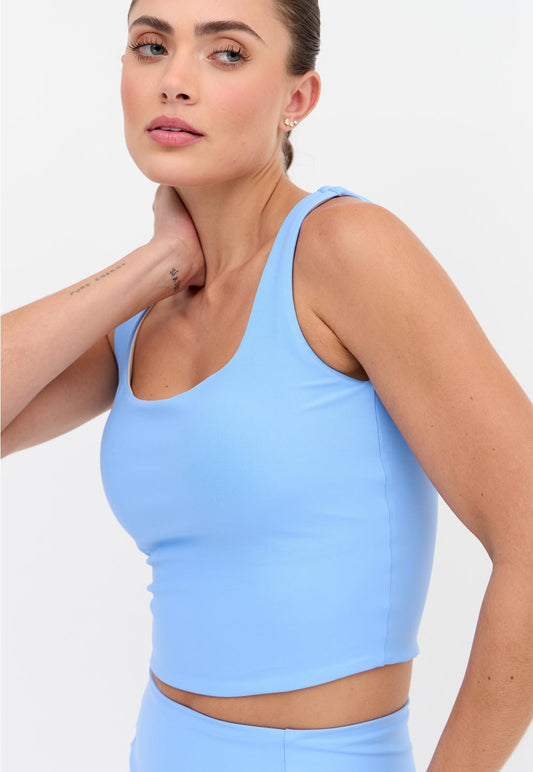 Top longo dupla face bege luna e azul fly com bojo removível Sinergia