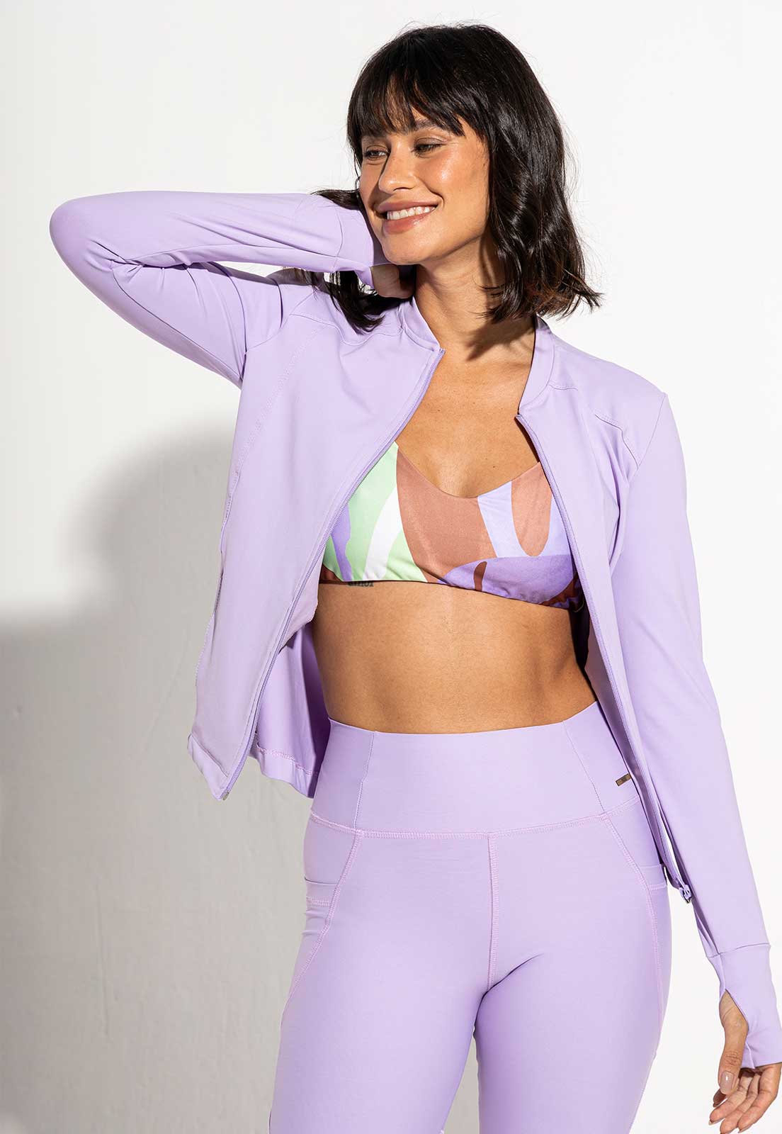 Conjunto Top dupla face+Legging+Jaqueta lavanda Aura