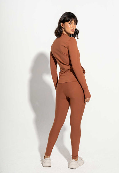 Conjunto Top fechado dupla face+Legging lisa+Jaqueta lisa capuccino Aura