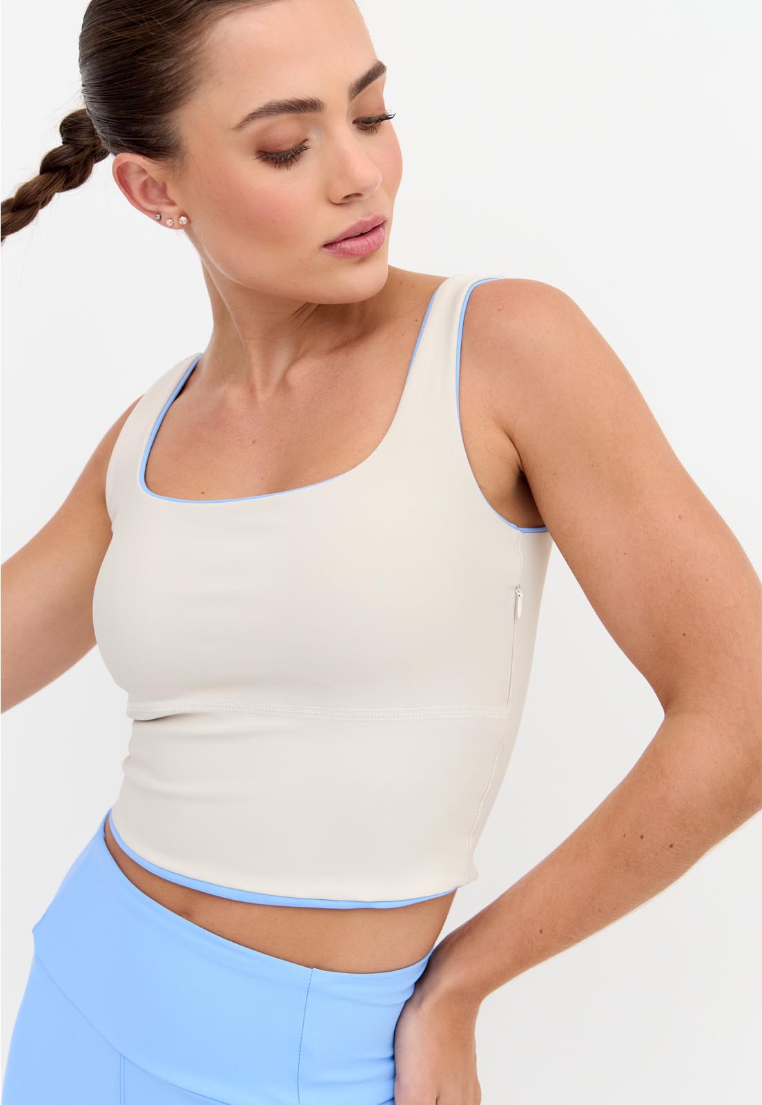 Top longo dupla face bege luna e azul fly com bojo removível Sinergia
