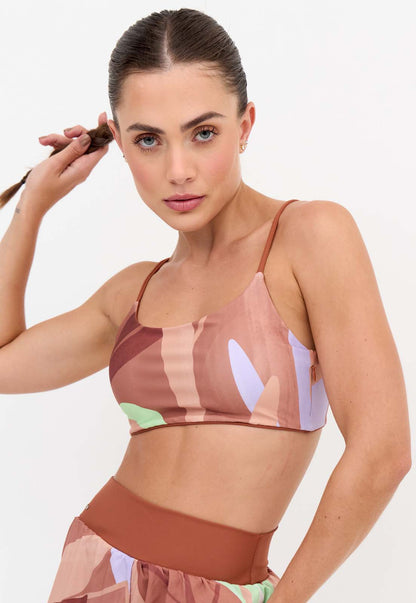 Top faixa dupla face marrom capuccino e estampado com bojo removível Aura
