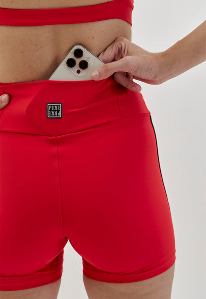 Bermuda vermelho carmim com elástico personalizado e bolso Voá