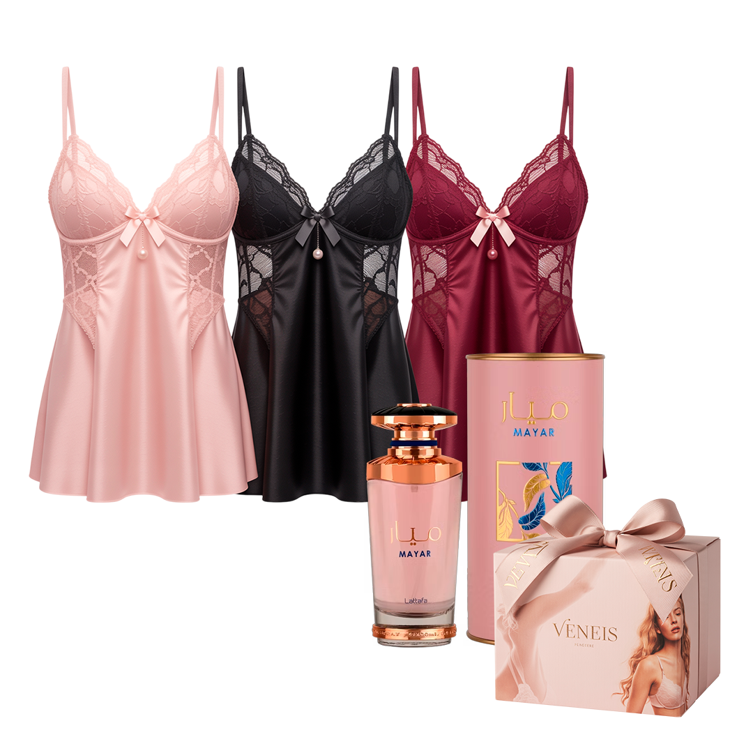 3 Camisolas Satin & Lace + Perfume Árabe Dubai + Caixa Premium com Essência Suave
