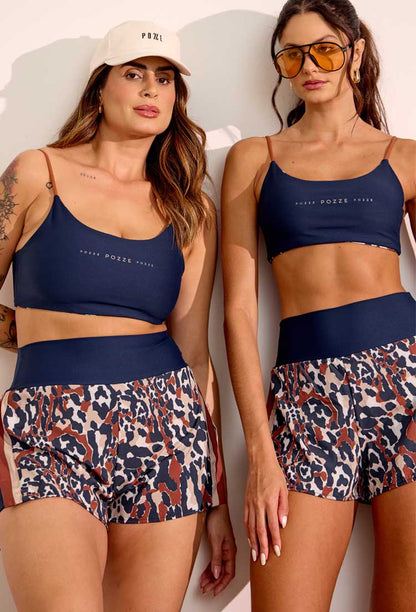 Top faixa dupla face marinho e estampado com bojo removível Gaia