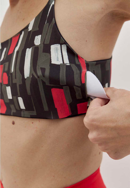 Top faixa dupla face preto e estampado com bojo removível Voá