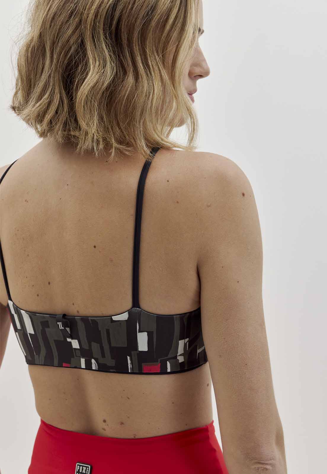 Top faixa dupla face preto e estampado com bojo removível Voá