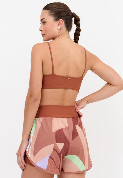 Top faixa dupla face marrom capuccino e estampado com bojo removível Aura