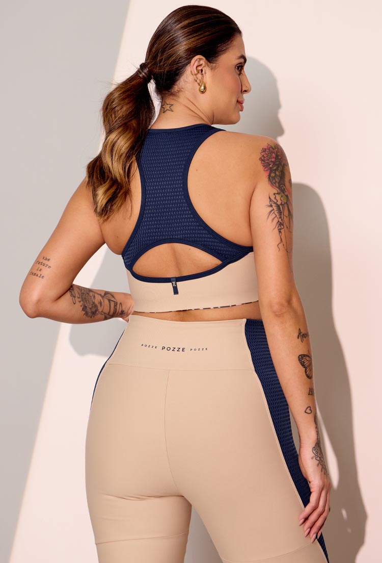 Top nadador bicolor bege árido e marinho com bojo removível Gaia