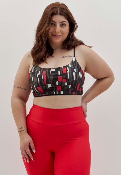 Top faixa dupla face preto e estampado com bojo removível Voá