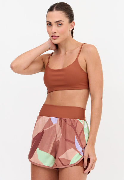 Top faixa dupla face marrom capuccino e estampado com bojo removível Aura