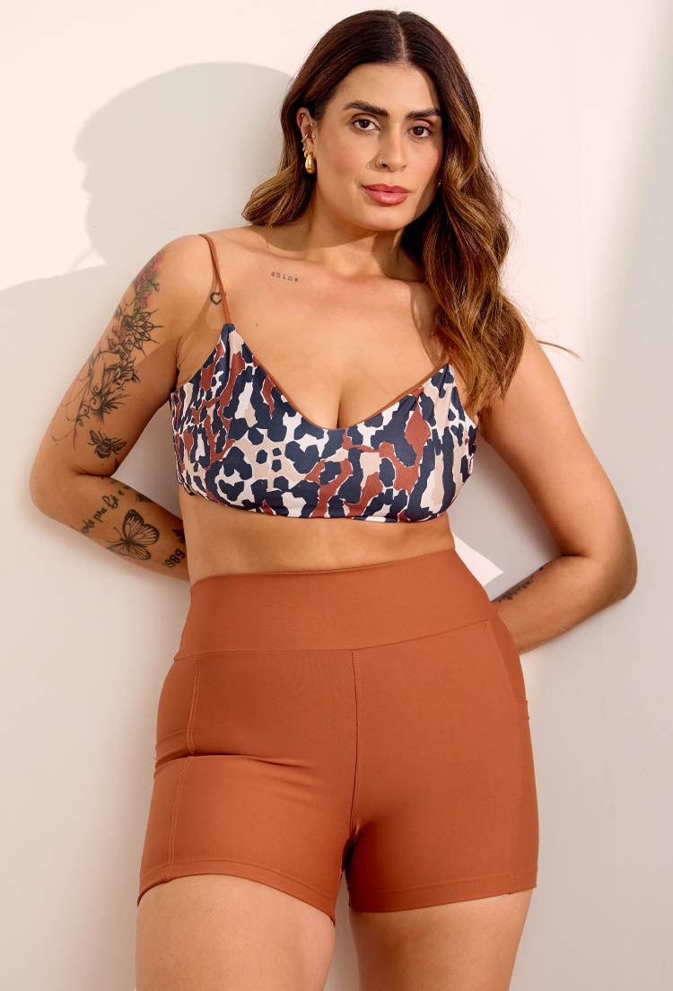 Top alça dupla face marrom e estampado Gaia