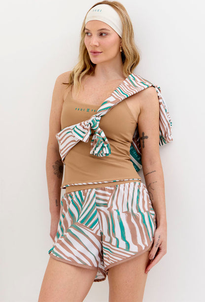 Shorts duplo amêndoa com bolso estampado Lance