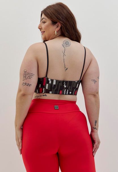 Top faixa dupla face preto e estampado com bojo removível Voá