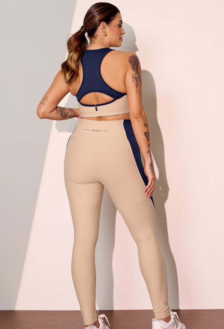 Legging bicolor bege árido e marinho com bolso traseiro Gaia