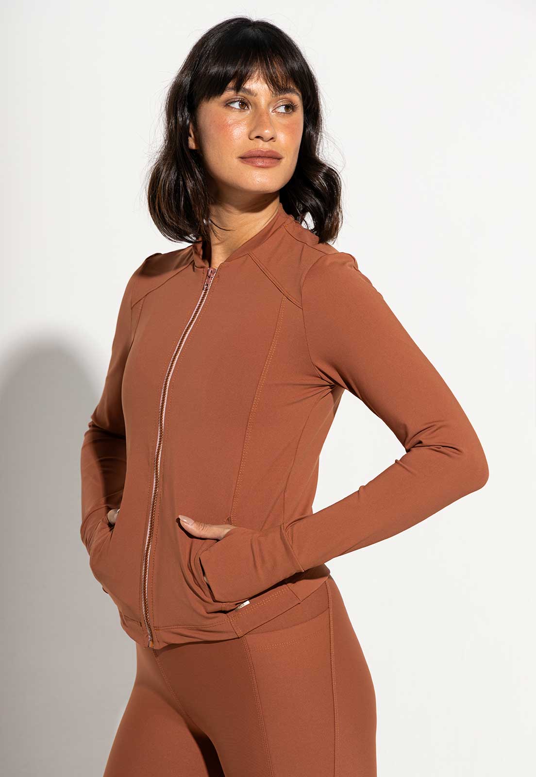Conjunto Top fechado dupla face+Legging lisa+Jaqueta lisa capuccino Aura