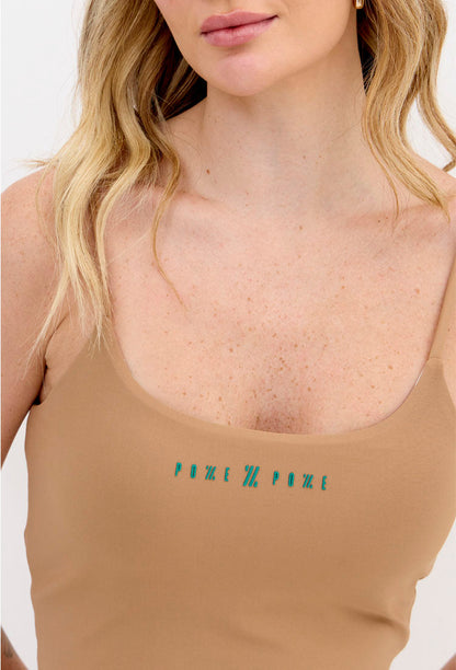 Top longo dupla face de alça liso amêndoa e estampado com bojo removível Lance