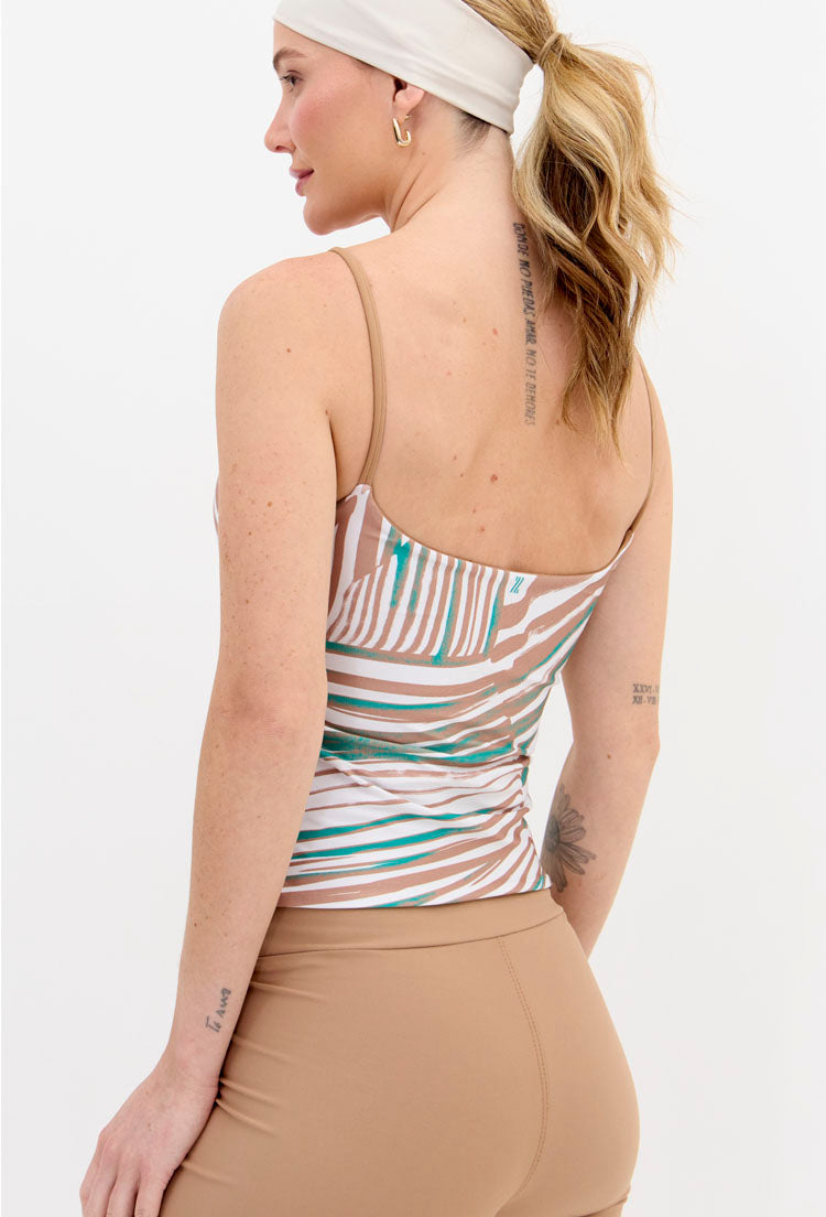 Top longo dupla face de alça liso amêndoa e estampado com bojo removível Lance