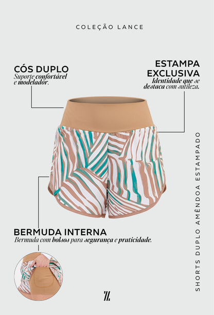 Shorts duplo amêndoa com bolso estampado Lance
