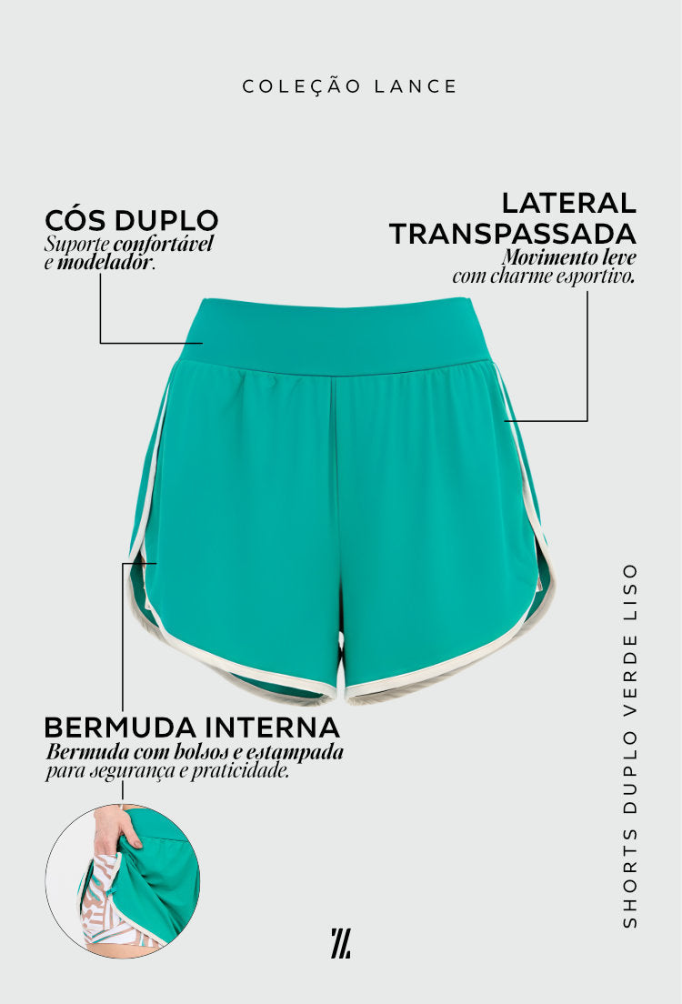 Shorts duplo liso verde folha com bolso Lance