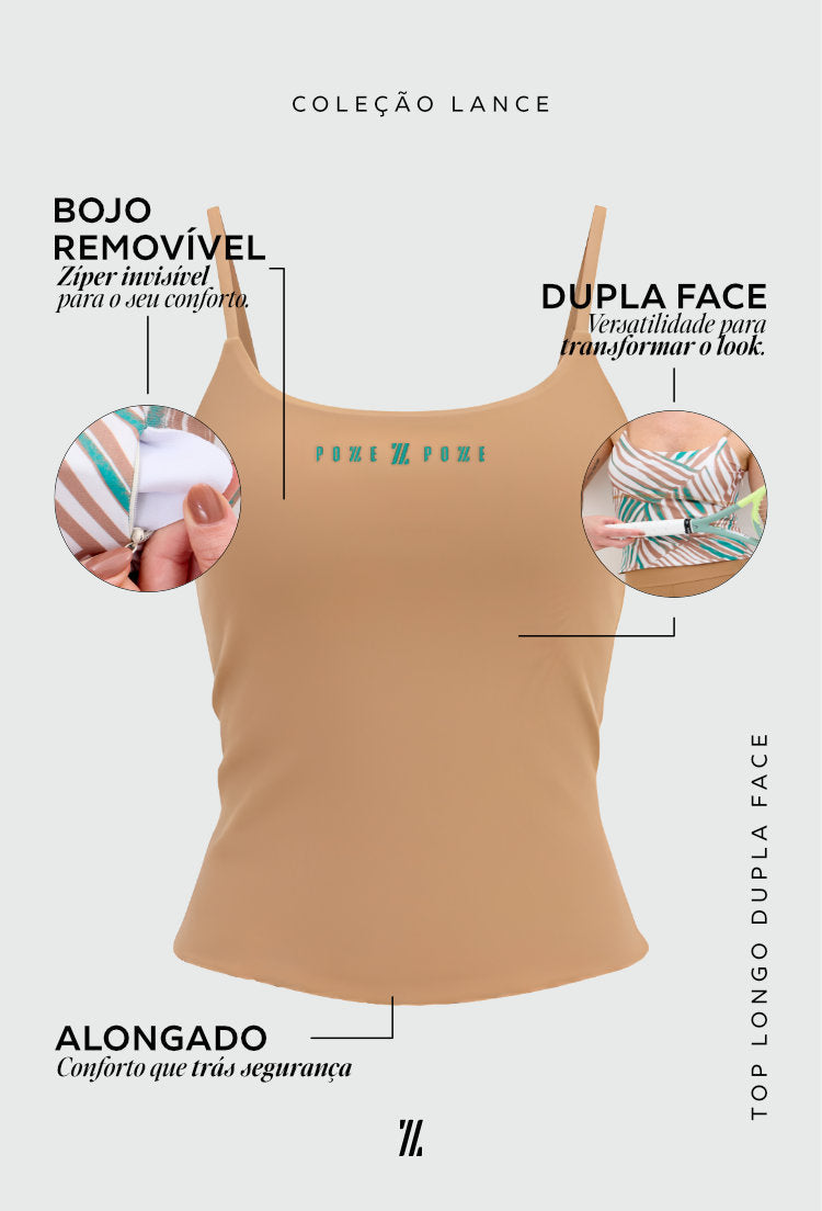 Top longo dupla face de alça liso amêndoa e estampado com bojo removível Lance