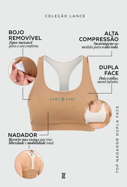 Top nadador dupla face com bojo removível bicolor luna e amêndoa Lance