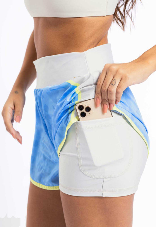 Shorts duplo Bege Luna e Estampado com bolso Sinergia